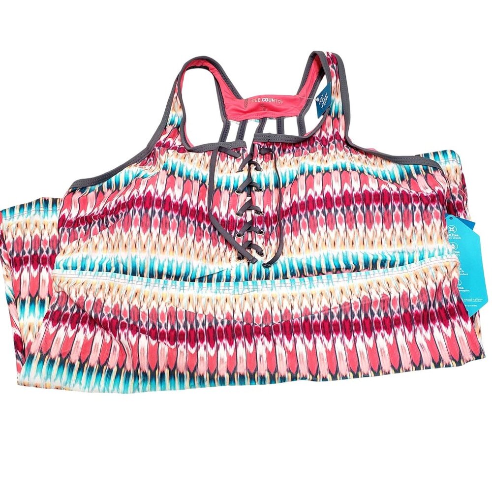 Free Country XL Tankini Top Multi-Color Strappy Back With Lace-Up Front Swimwear - Picture 13 of 13